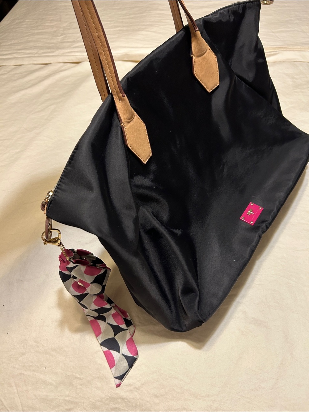 Kate Landry Black Tote with Tan Handles and Pink Tag